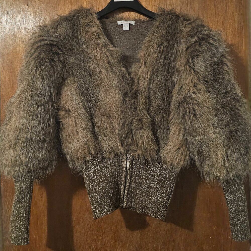 Vintage Boston Proper XS Faux Raccoon Fur Chevron Rib Knit Trim Zip Sweater Soft